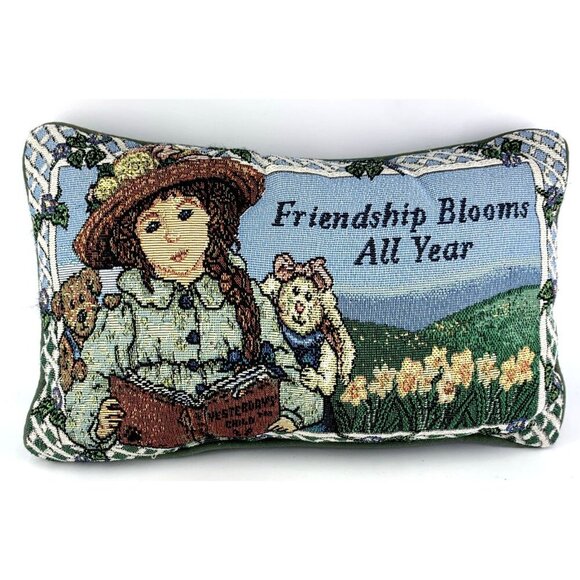 Friendship Blooms Decorative Accent Pillow Tapestry Lumbar Girl Reading 12 x 7" - Picture 1 of 4